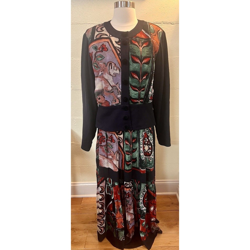 Abs Platinum Black Floral Patchwork Skirt Set with Red and Green Accents